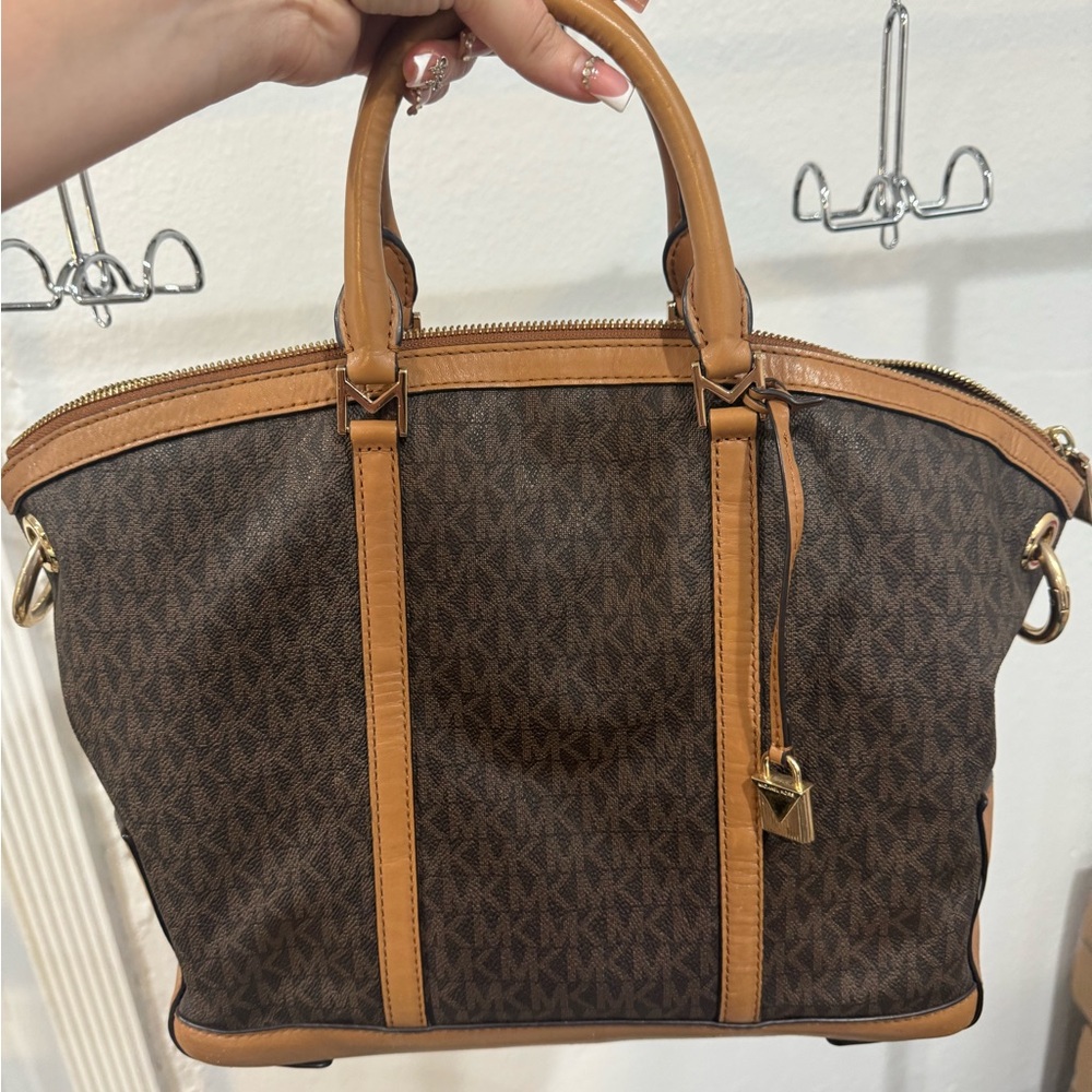 Michael Kors Brown and Tan Satchel with Signature Monogram